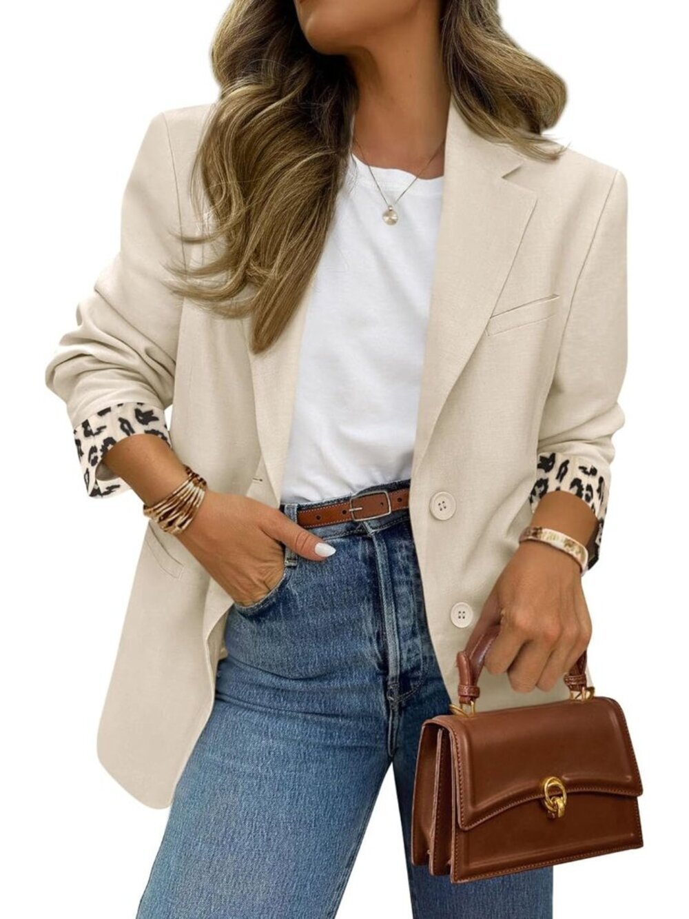 Women's Beige Spring Work Office Suit Jackets Dressy Open Front Leopard Blazer